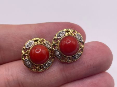 18ct gold coral and diamond earrings on Sale