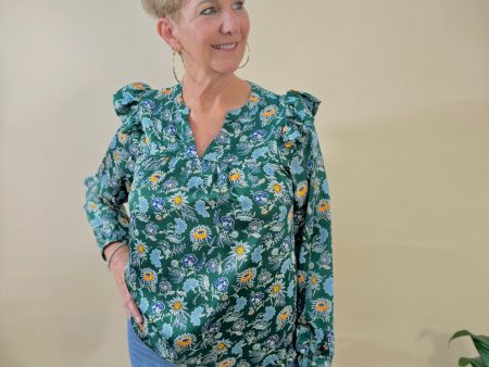 Satin Floral Blouse with Ruffle Shoulder Online Hot Sale